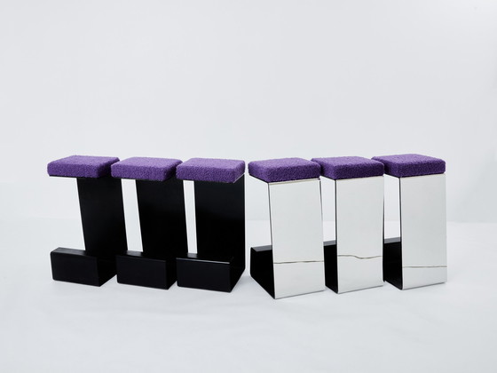 Image 1 of Ensemble de six tabourets de bar en fer forgé, acier poli et bouclé 1970S