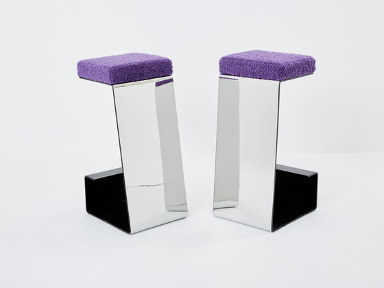 Image 1 of Ensemble de six tabourets de bar en fer forgé, acier poli et bouclé 1970S