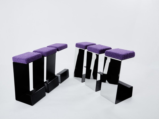 Image 1 of Ensemble de six tabourets de bar en fer forgé, acier poli et bouclé 1970S