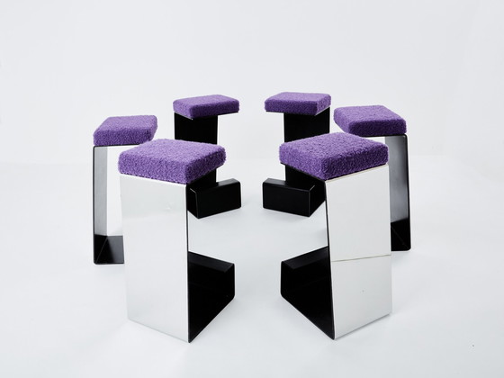 Image 1 of Ensemble de six tabourets de bar en fer forgé, acier poli et bouclé 1970S