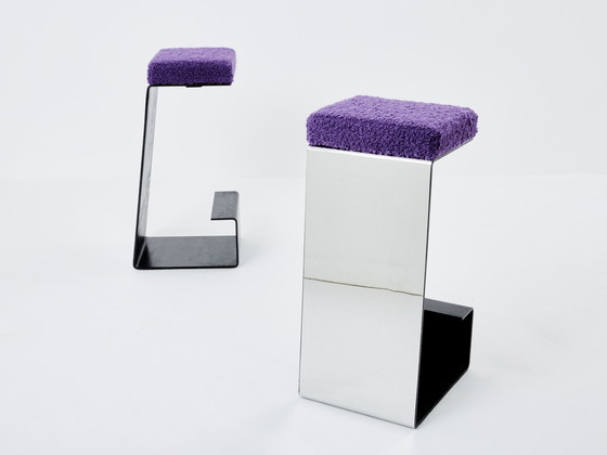 Image 1 of Ensemble de six tabourets de bar en fer forgé, acier poli et bouclé 1970S