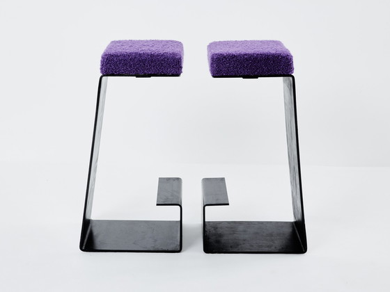 Image 1 of Ensemble de six tabourets de bar en fer forgé, acier poli et bouclé 1970S