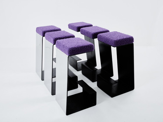 Image 1 of Ensemble de six tabourets de bar en fer forgé, acier poli et bouclé 1970S