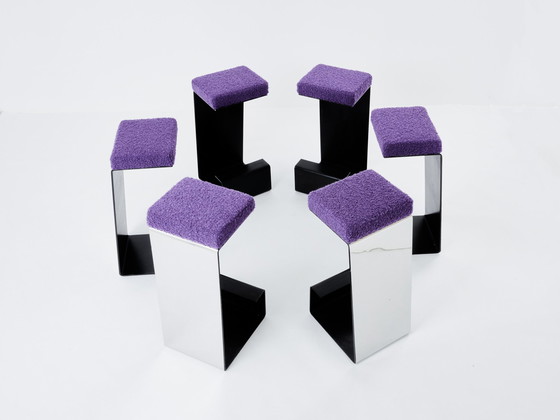 Image 1 of Ensemble de six tabourets de bar en fer forgé, acier poli et bouclé 1970S