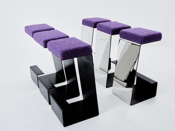 Image 1 of Ensemble de six tabourets de bar en fer forgé, acier poli et bouclé 1970S