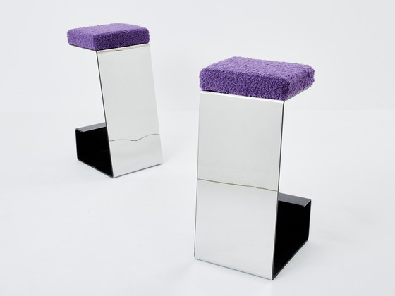 Image 1 of Ensemble de six tabourets de bar en fer forgé, acier poli et bouclé 1970S