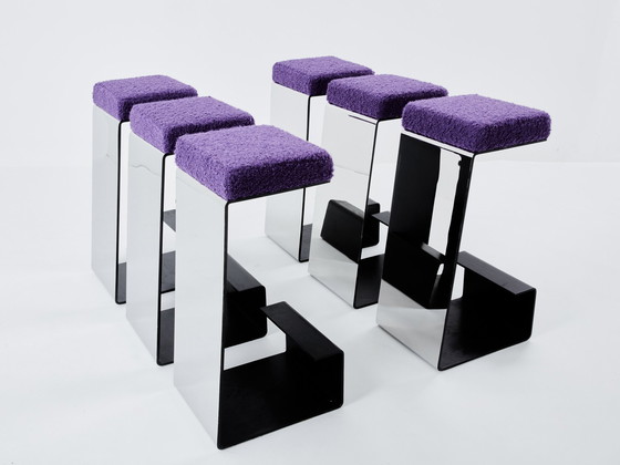 Image 1 of Ensemble de six tabourets de bar en fer forgé, acier poli et bouclé 1970S