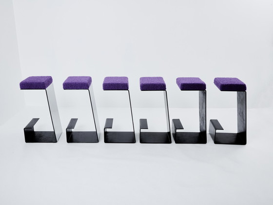 Image 1 of Ensemble de six tabourets de bar en fer forgé, acier poli et bouclé 1970S