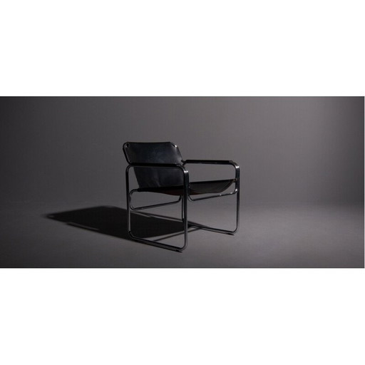 Chaise tube vintage avec siège et accoudoirs en cuir noir 1960s