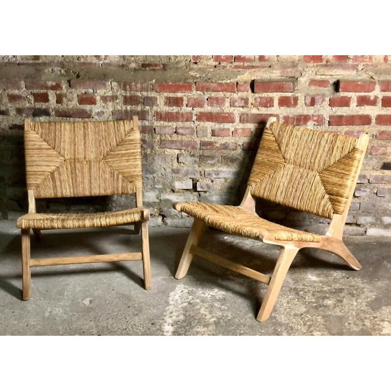 Image 1 of Fauteuil bas vintage en teck brut et paille