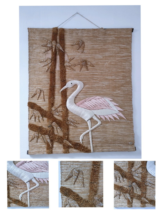 Image 1 of Tapisserie Jute Décor Oiseau Feuillages Années 70