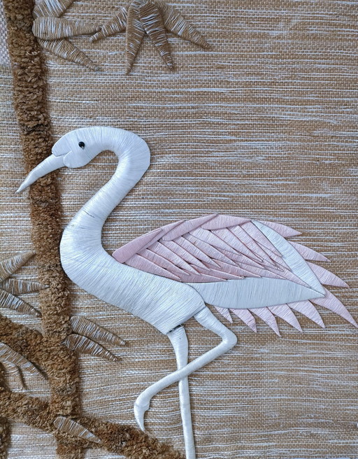 Tapisserie Jute Décor Oiseau Feuillages Années 70