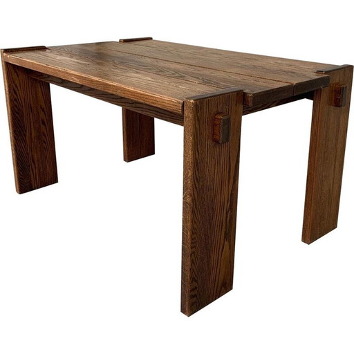 Table de salle à manger vintage brutaliste en bois de chêne, Belgique 1970