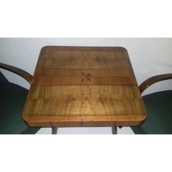Image 1 of Ensemble de 2 fauteuils et table vintage de Jindřich Halabala en tissu vert et bois de chêne