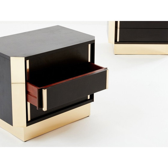 Image 1 of Paire de tables de chevet vintage en chêne teinté noir et laiton, 1970