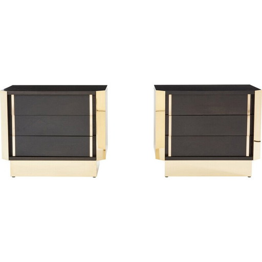 Paire de tables de chevet vintage en chêne teinté noir et laiton, 1970