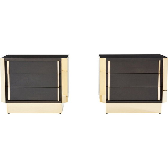 Image 1 of Paire de tables de chevet vintage en chêne teinté noir et laiton, 1970