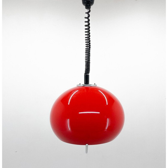 Image 1 of Lampe suspendue rouge avec chrome du milieu du siècle par Harvey Guzzini pour Meblo, Italie 1960