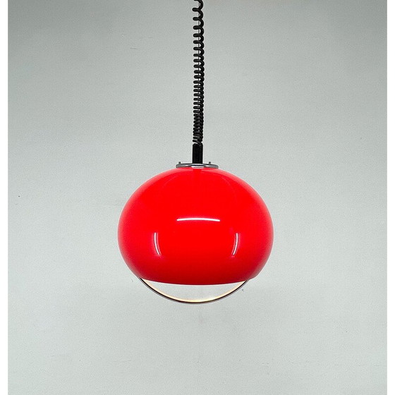 Image 1 of Lampe suspendue rouge avec chrome du milieu du siècle par Harvey Guzzini pour Meblo, Italie 1960