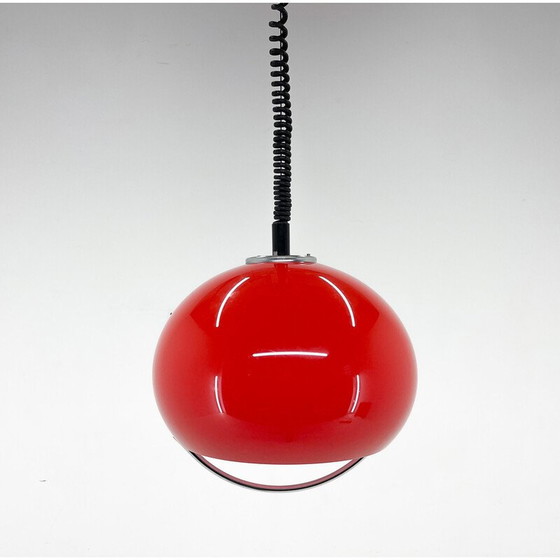 Image 1 of Lampe suspendue rouge avec chrome du milieu du siècle par Harvey Guzzini pour Meblo, Italie 1960