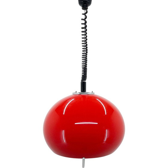 Image 1 of Lampe suspendue rouge avec chrome du milieu du siècle par Harvey Guzzini pour Meblo, Italie 1960