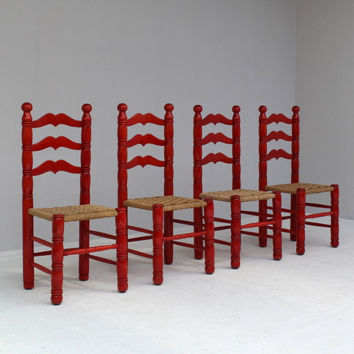 Ensemble de chaises italiennes rouges en jonc