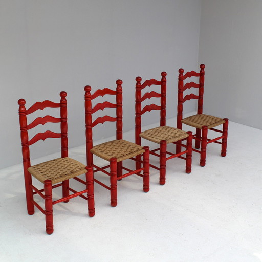 Ensemble de chaises italiennes rouges en jonc