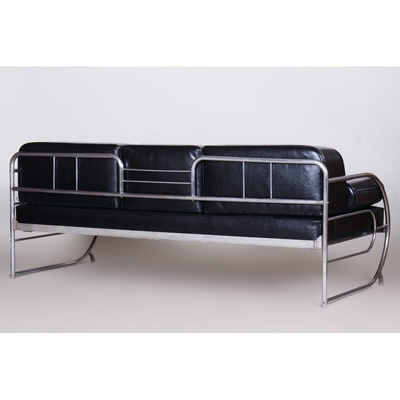 Image 1 of Canapé Bauhaus vintage en cuir noir et chrome tubulaire par Robert Slezák, Tchécoslovaquie 1930