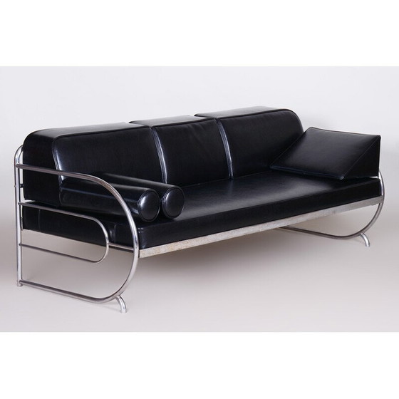 Image 1 of Canapé Bauhaus vintage en cuir noir et chrome tubulaire par Robert Slezák, Tchécoslovaquie 1930