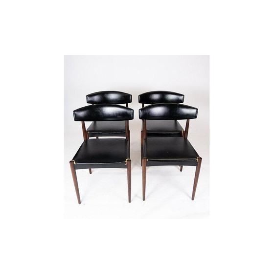 Image 1 of Ensemble de 4 chaises vintage en bois de rose et cuir noir Danemark années 1960