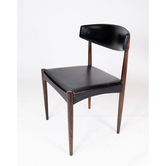 Image 1 of Ensemble de 4 chaises vintage en bois de rose et cuir noir Danemark années 1960