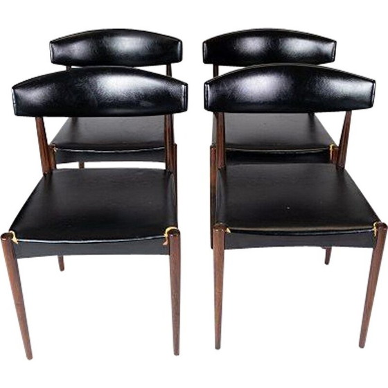 Image 1 of Ensemble de 4 chaises vintage en bois de rose et cuir noir Danemark années 1960
