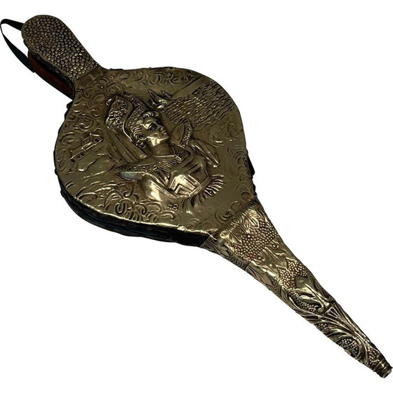 Image 1 of Soufflet de cheminée vintage en laiton repoussé avec l'image d'une femme, France 1900