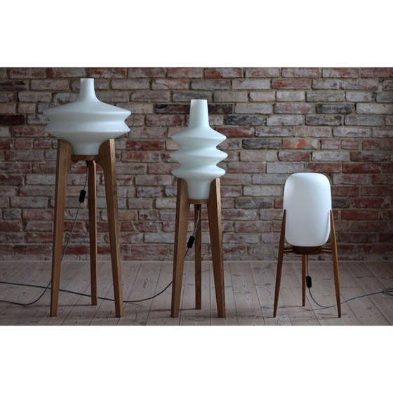 Image 1 of Lampadaire vintage en verre blanc et bois par ULUV, Tchécoslovaquie 1960