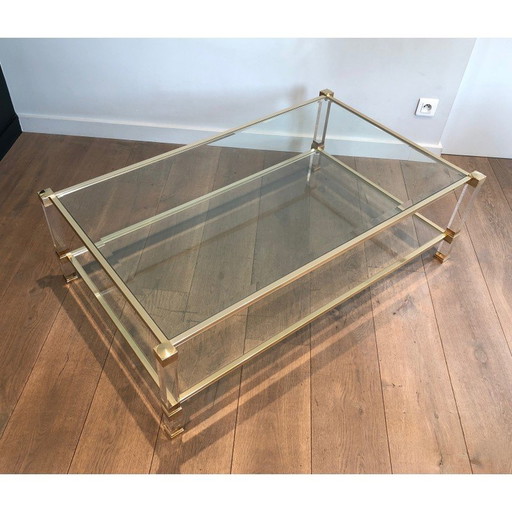 Table basse vintage en plexiglas et métal doré par Pierre Vandel, France 1970