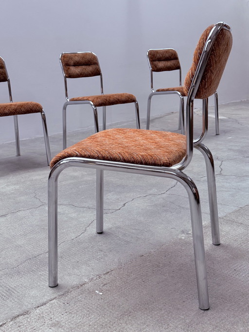 4x chrome acier tubulaire tissu salle à manger chaises Italie 1960s