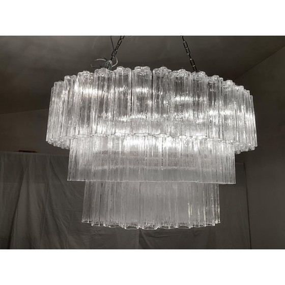 Image 1 of Lustre contemporain ovale en verre de Murano transparent "Tronchi" de style Venini