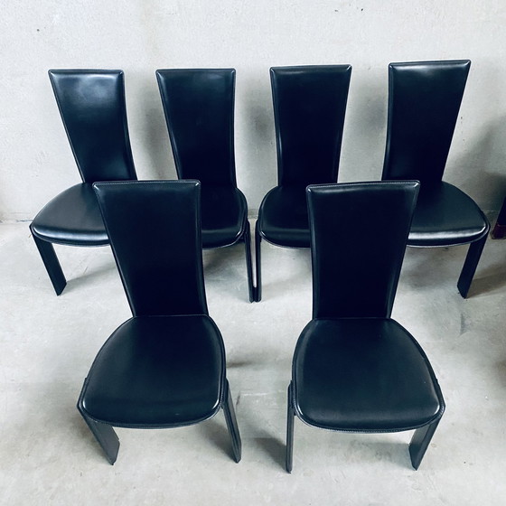 Image 1 of 6 X Chaises de salle à manger Tripot en cuir noir Pietro Costantini Italian Design 1980