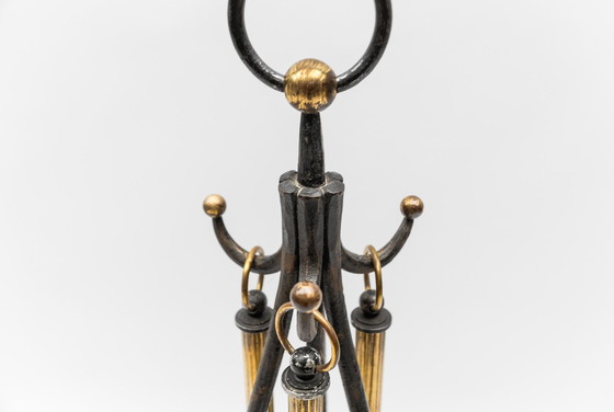 Image 1 of Trépied en fer et laiton forgé à la main avec outils de cheminée, Autriche, années 1950