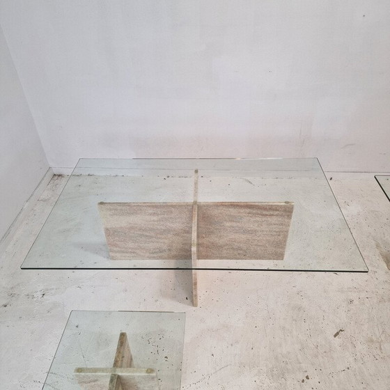 Image 1 of Ensemble de 3 tables basses vintage en marbre et verre, Italie 1980