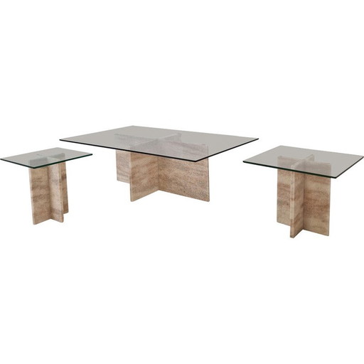 Ensemble de 3 tables basses vintage en marbre et verre, Italie 1980