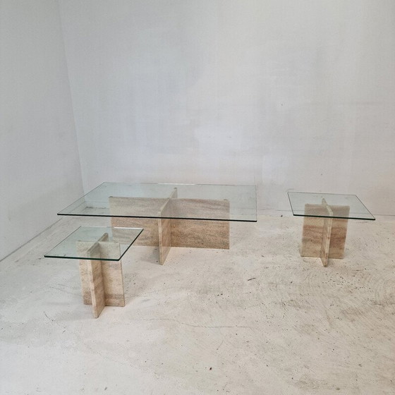 Image 1 of Ensemble de 3 tables basses vintage en marbre et verre, Italie 1980