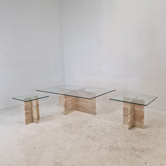 Image 1 of Ensemble de 3 tables basses vintage en marbre et verre, Italie 1980