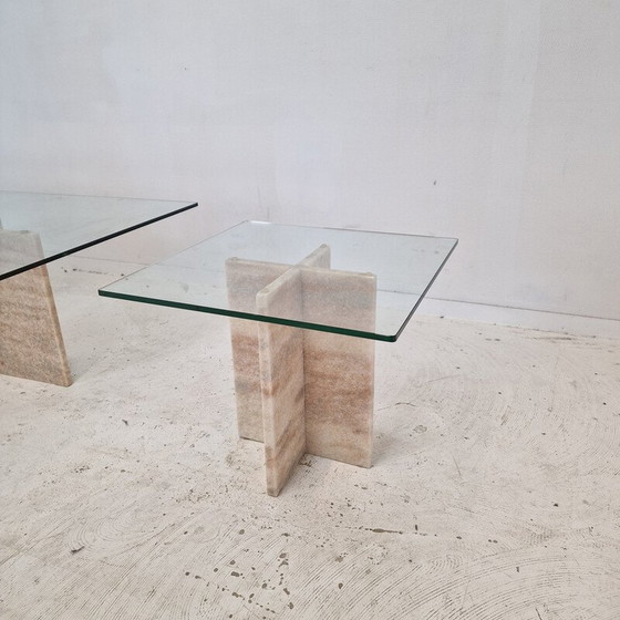 Image 1 of Ensemble de 3 tables basses vintage en marbre et verre, Italie 1980
