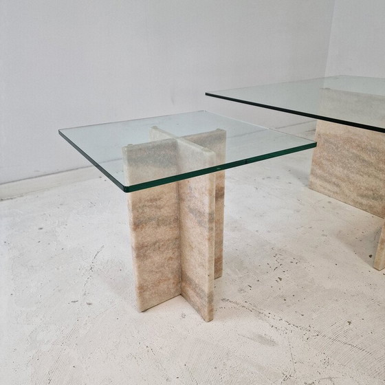 Image 1 of Ensemble de 3 tables basses vintage en marbre et verre, Italie 1980