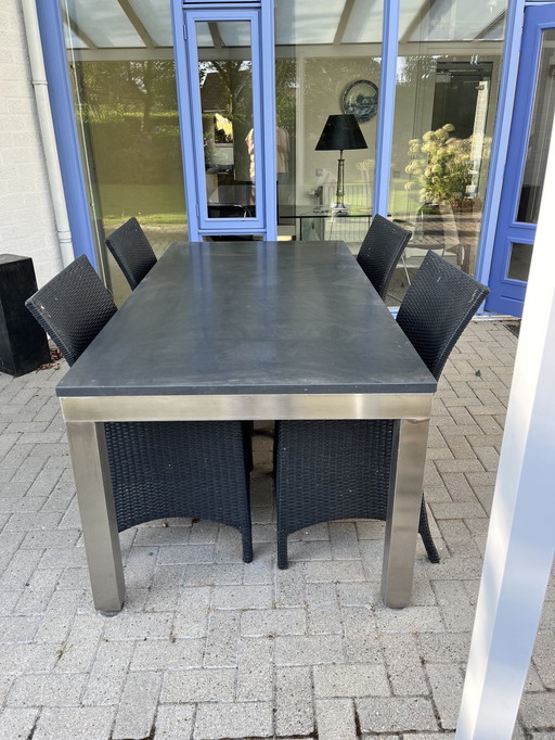 Table de jardin moderne en granit poli et acier inoxydable