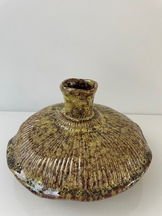 Image 1 of Vase design Fungo vert mousse/brun en céramique émaillée