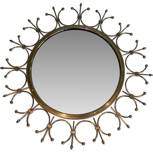 Miroir solaire vintage en laiton et acier brossé, France 1970