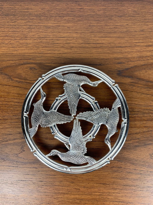Silea - Dessous de plat en métal argenté, motif oie