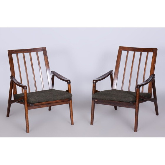Image 1 of Paire de fauteuils du milieu du siècle en bois de hêtre teinté et tissu, Tchécoslovaquie, années 1960